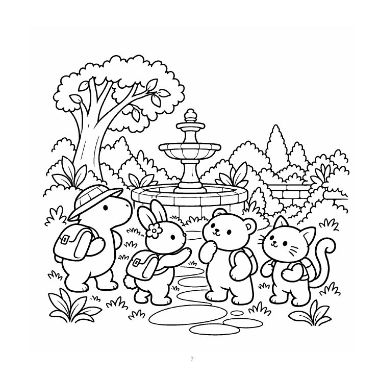 Inside page: a black-and-white outline picture of the animal friends at the garden fountain, ready to color.