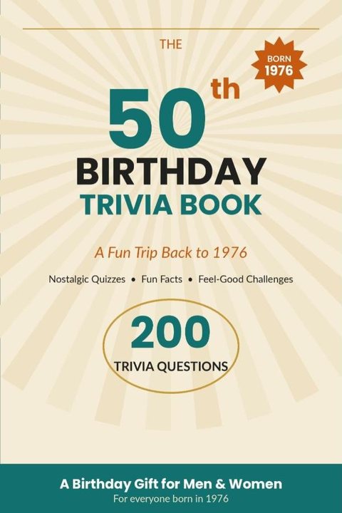 Cover of The 50th Birthday Trivia Book: a large 50th on a cream sunburst, a Born 1976 badge and the label 200 trivia questions.