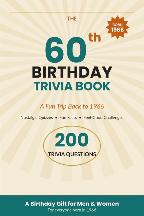 Cover of The 60th Birthday Trivia Book: a large 60th on a cream sunburst, a Born 1966 badge and the label 200 trivia questions.