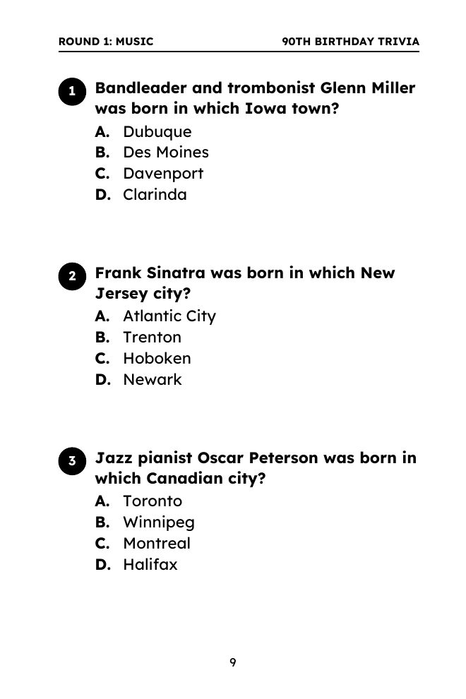 Inside page: the first three questions of the Music round, each with choices A to D.