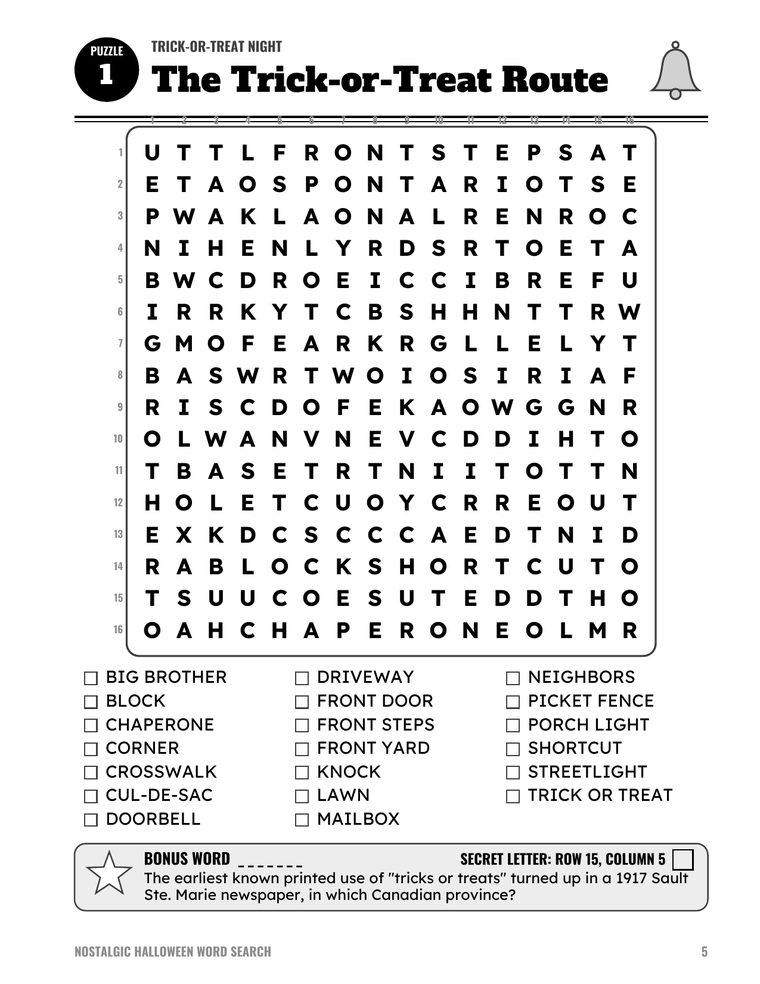 Inside page: Puzzle 1 of 72, The Trick-or-Treat Route, a 16 by 16 letter grid with a word list below and a Bonus Word clue and Secret Letter box at the bottom.